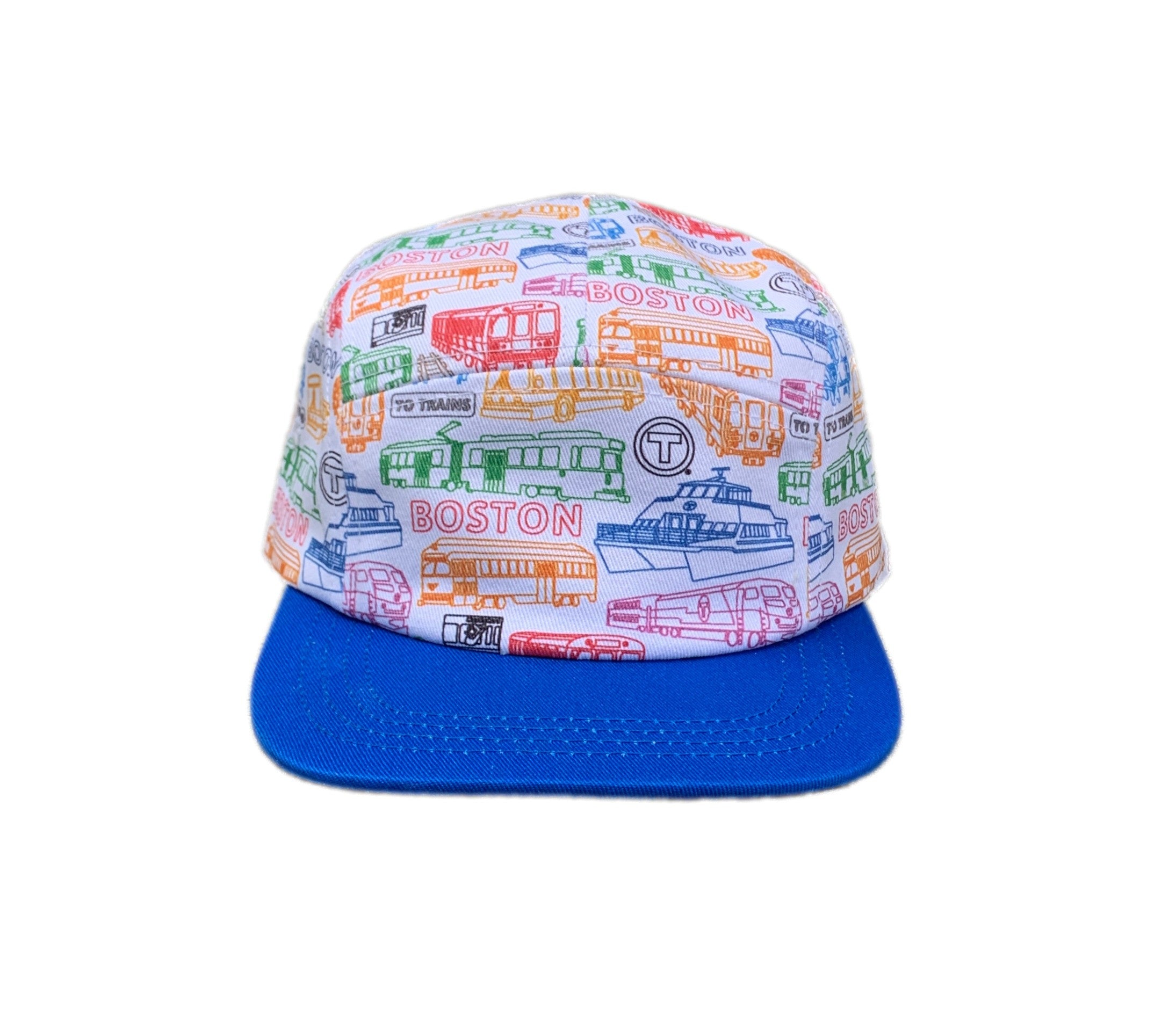 Toddler MBTA vehicles 5-panel print hat - front view